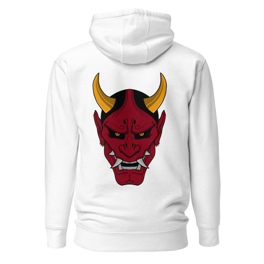 White Oni Mask Hoodie With Red Embroidered logo