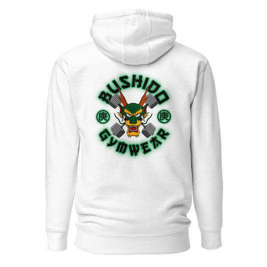 White Hoodie With Green Dragon Print